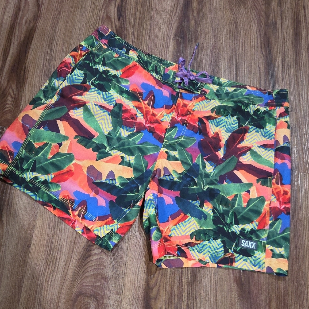 SAXX Multicolor Leaf Print Swim Shorts